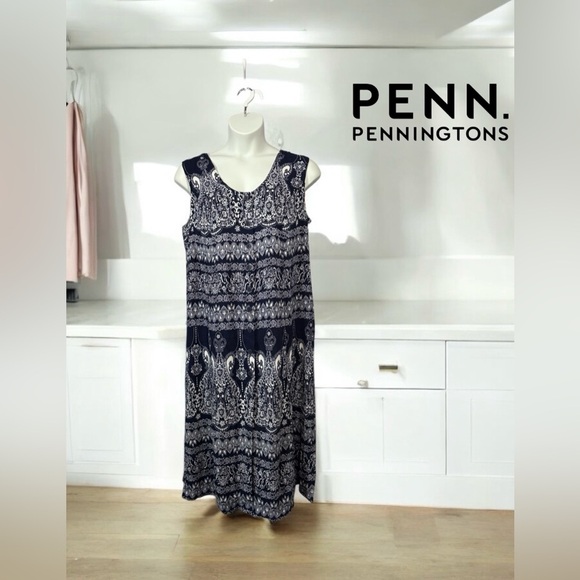 Penningtons, Elegant Plus Size Patterned Maxi Dress, 20W, Navy & White - Picture 1 of 9